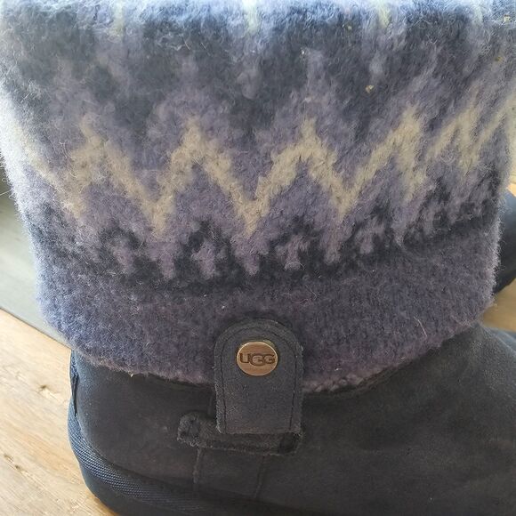 UGG SAELA Rib Knit Suede Sheepskin Cuff Boots Blue Purple Fair Isle US 9 - Picture 4 of 8
